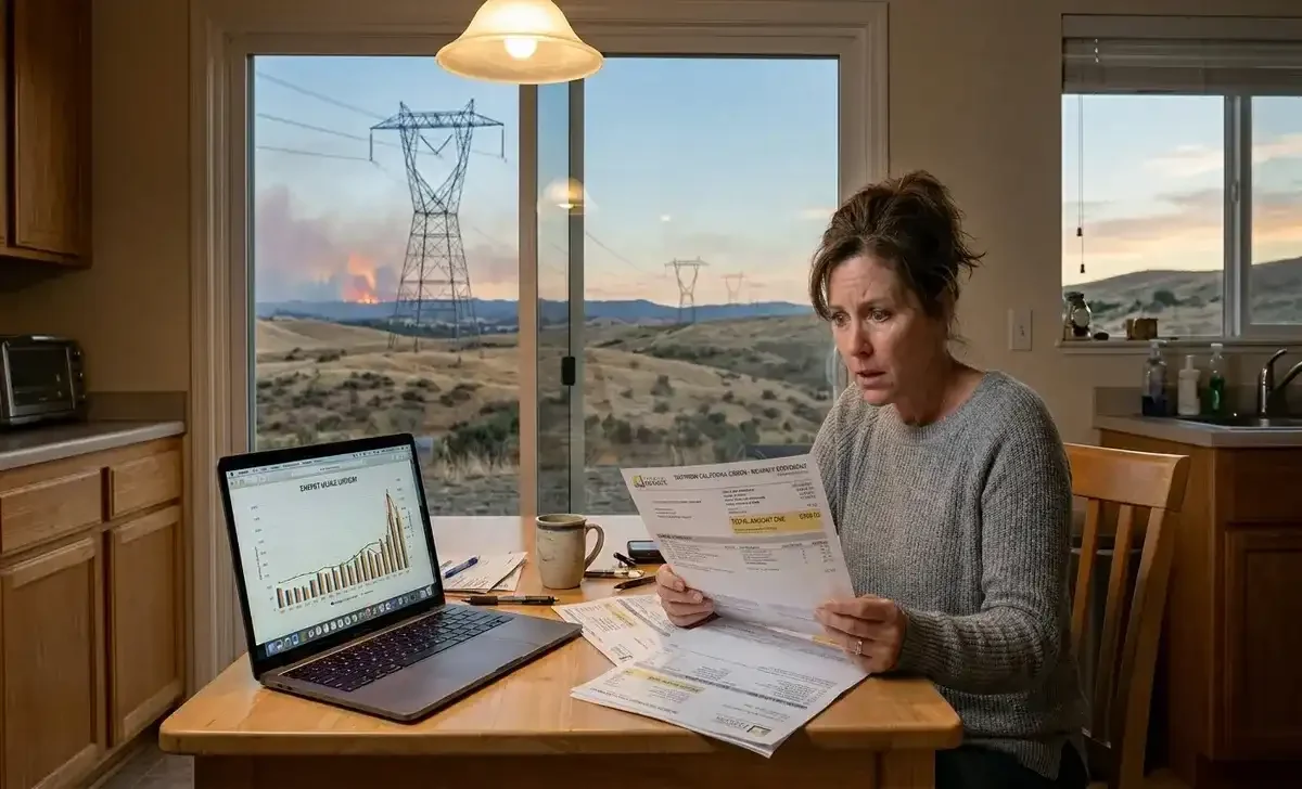 California homeowner looking at high utility bill with electricity towers visible outside