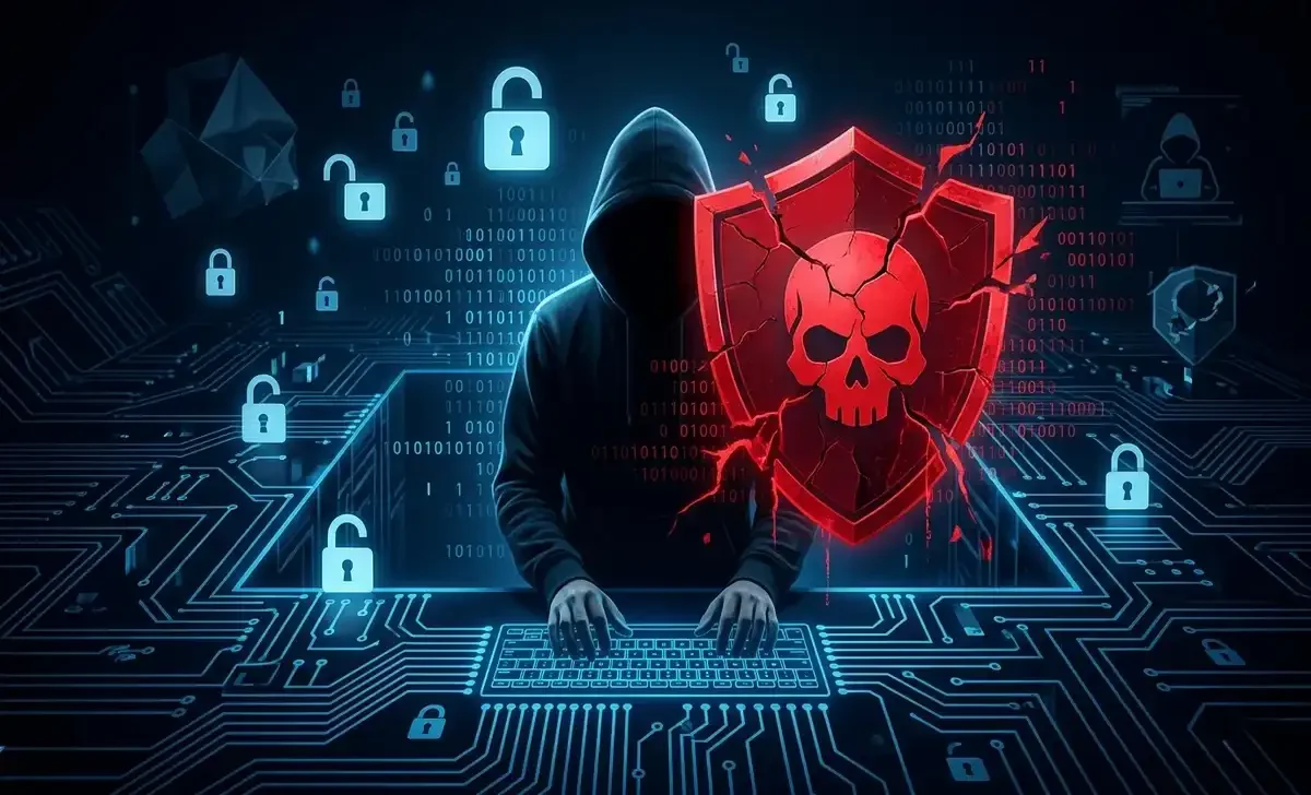 hooded hacker with digital warning symbols representing cyber-crime threats in 2026