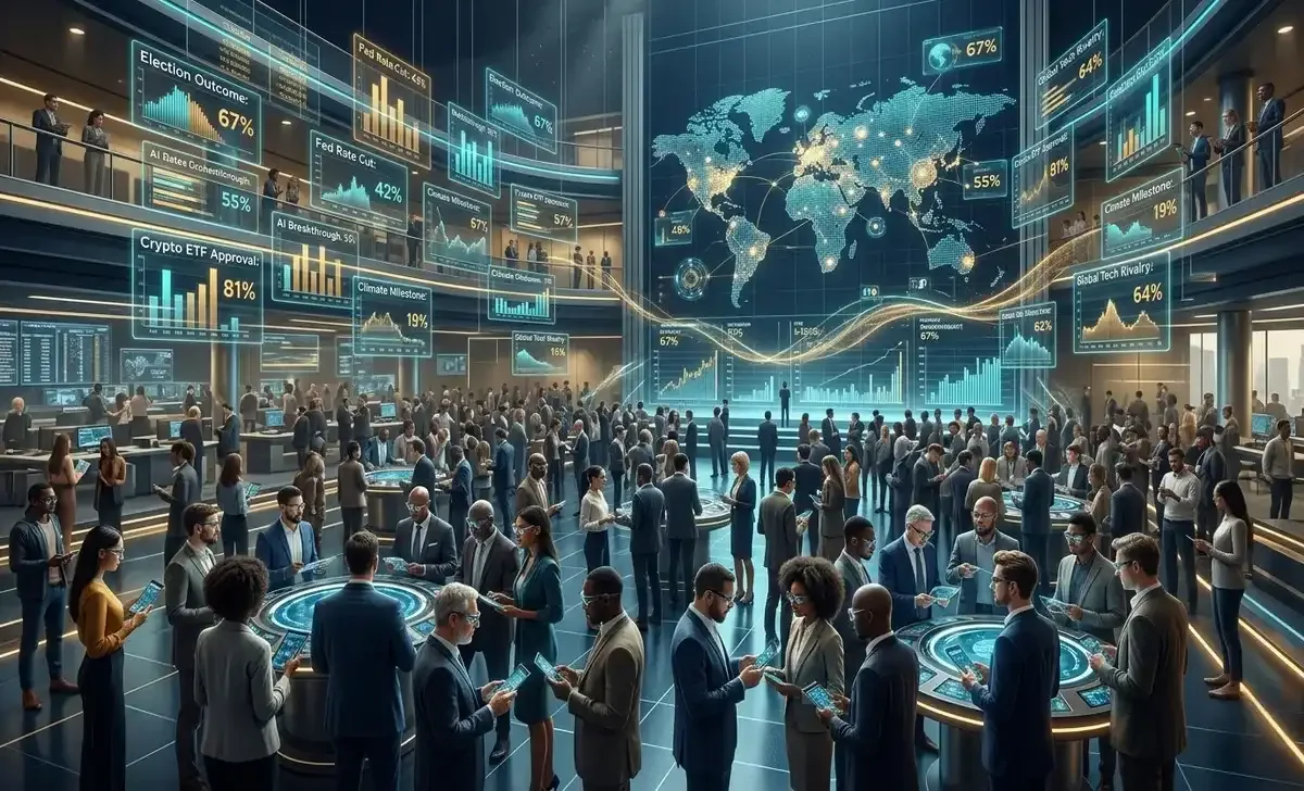 People analyzing prediction markets data on a futuristic trading floor with probability percentages