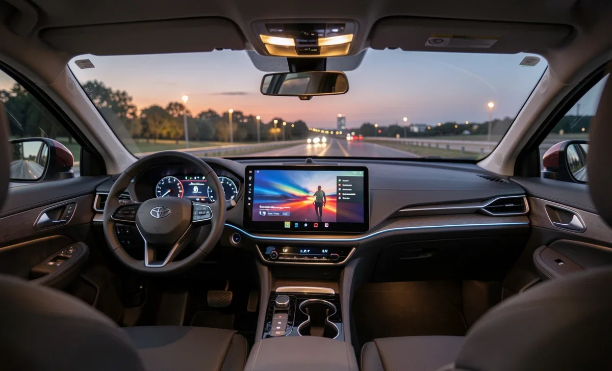Modern car interior showing a large touchscreen with in-car streaming interface displayed on the dashboard