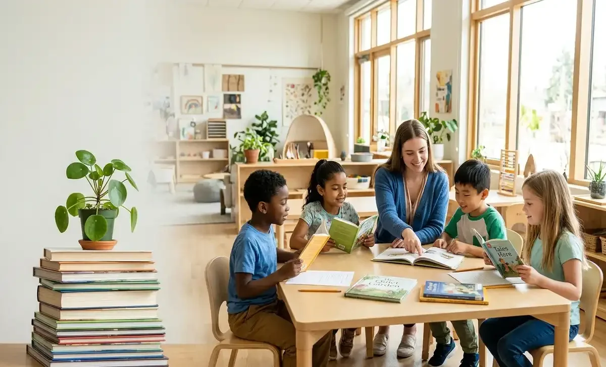 Teacher helping students in a bright classroom, showing investment in education