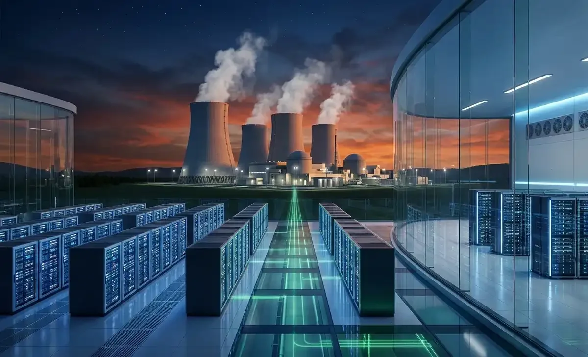 Nuclear power plant cooling towers next to a modern AI data center, showing nuclear site fueling AI boom with clean energy