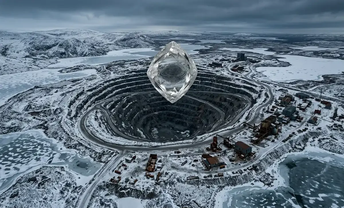 Rio Tinto diamond mine closes - aerial view of an abandoned open-pit diamond mine