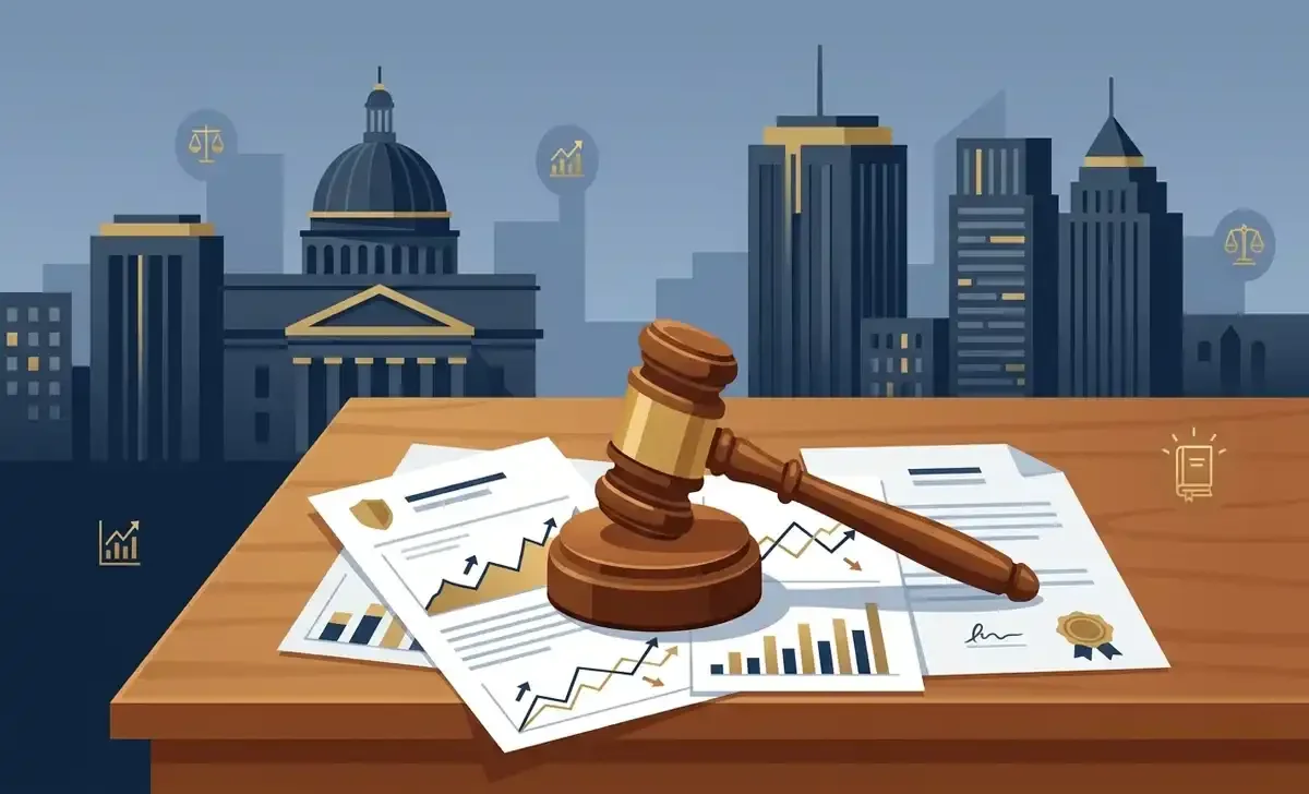 Securities litigation concept showing gavel on stock market documents