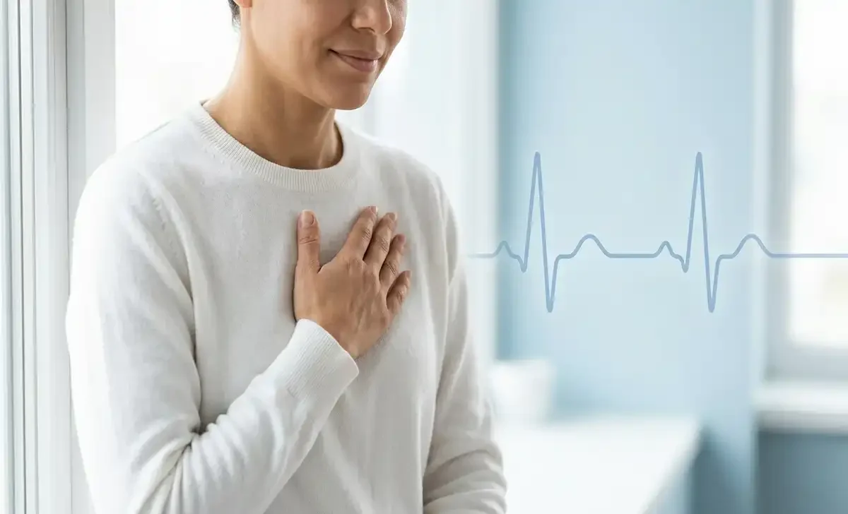 Person holding chest showing a slightly uneven heart rate with a soft EKG line in the background