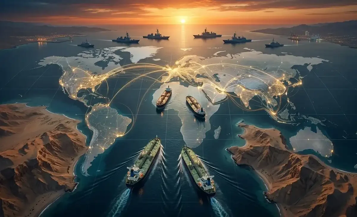 Aerial view of oil supertankers sailing through the Strait of Hormuz