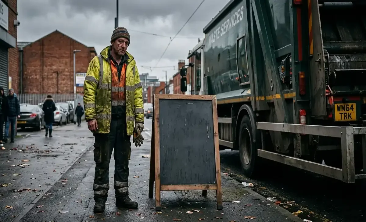 Waste worker in high-vis jacket standing near a hiring sign and garbage truck
