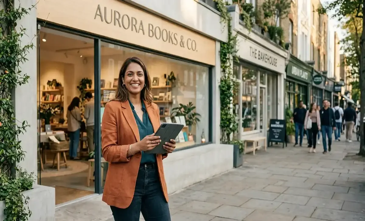 Women-owned businesses — confident woman entrepreneur standing in front of her small business